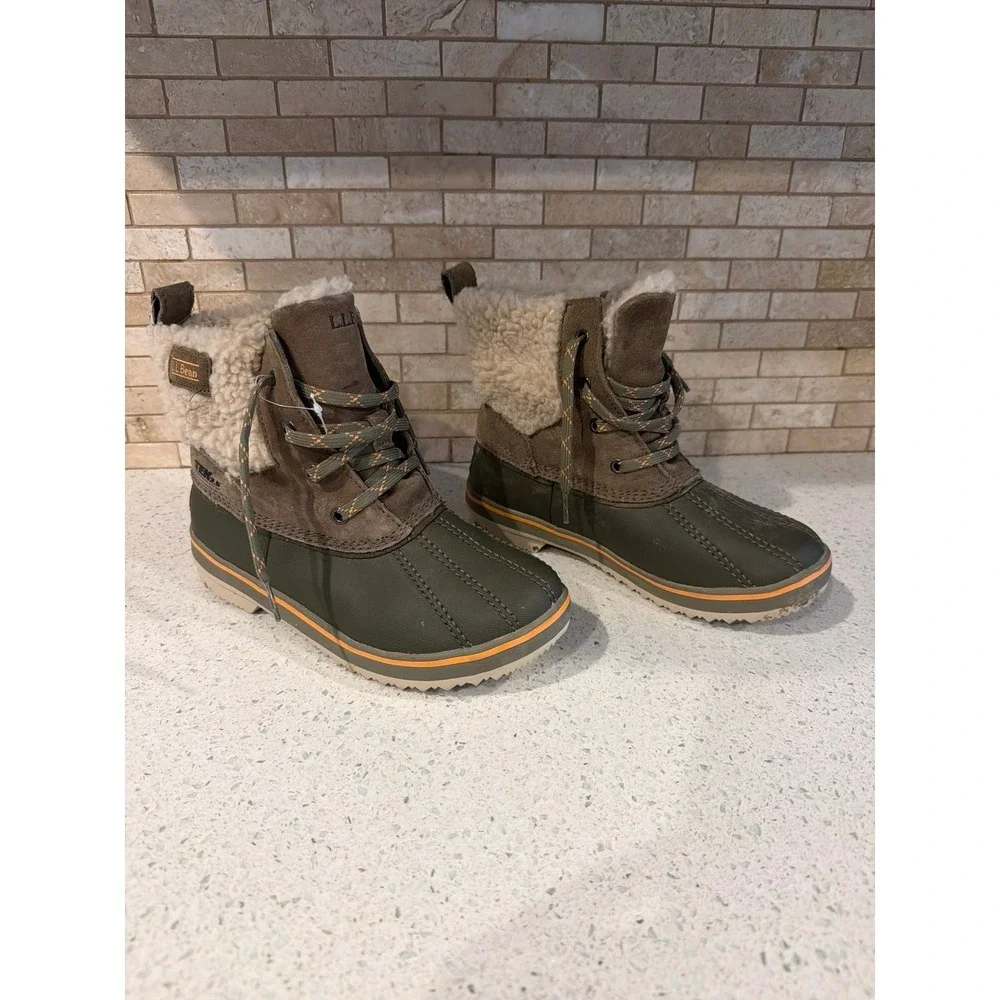L.L.Bean Kids Size 3 Winter Duck Boots Faux Shearling Lined Brown Green Lace Up